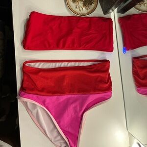 Red and Pink Bandeau Bikini Set